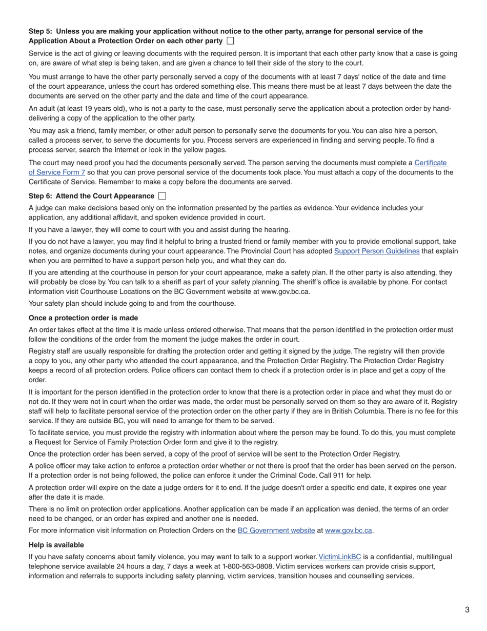Form 12 (PFA720) Application About a Protection Order - British Columbia, Canada, Page 3