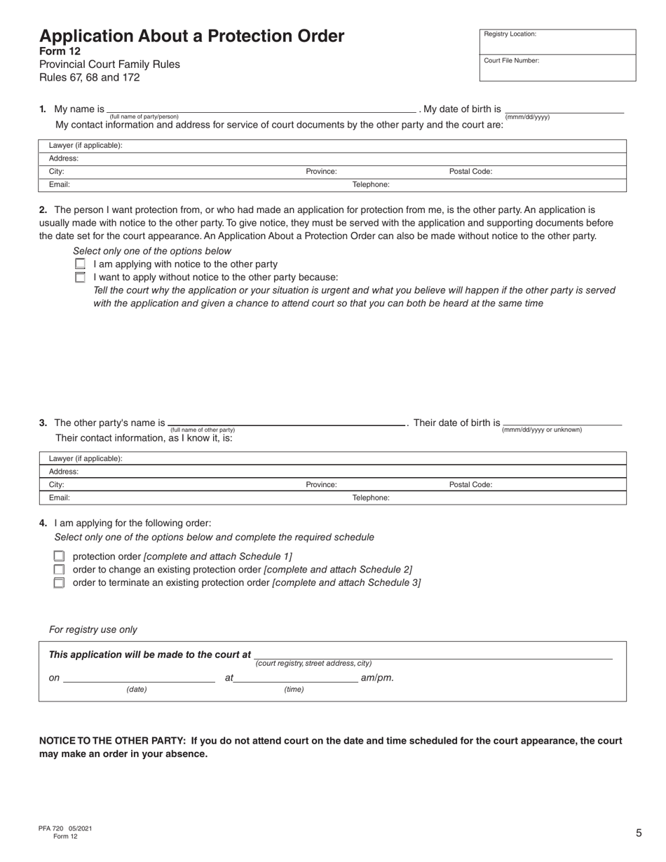 Form 12 (PFA720) Application About a Protection Order - British Columbia, Canada, Page 5