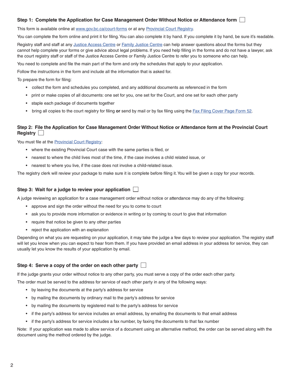 Form 11 (PFA718) Application for Case Management Order Without Notice or Attendance - British Columbia, Canada, Page 2
