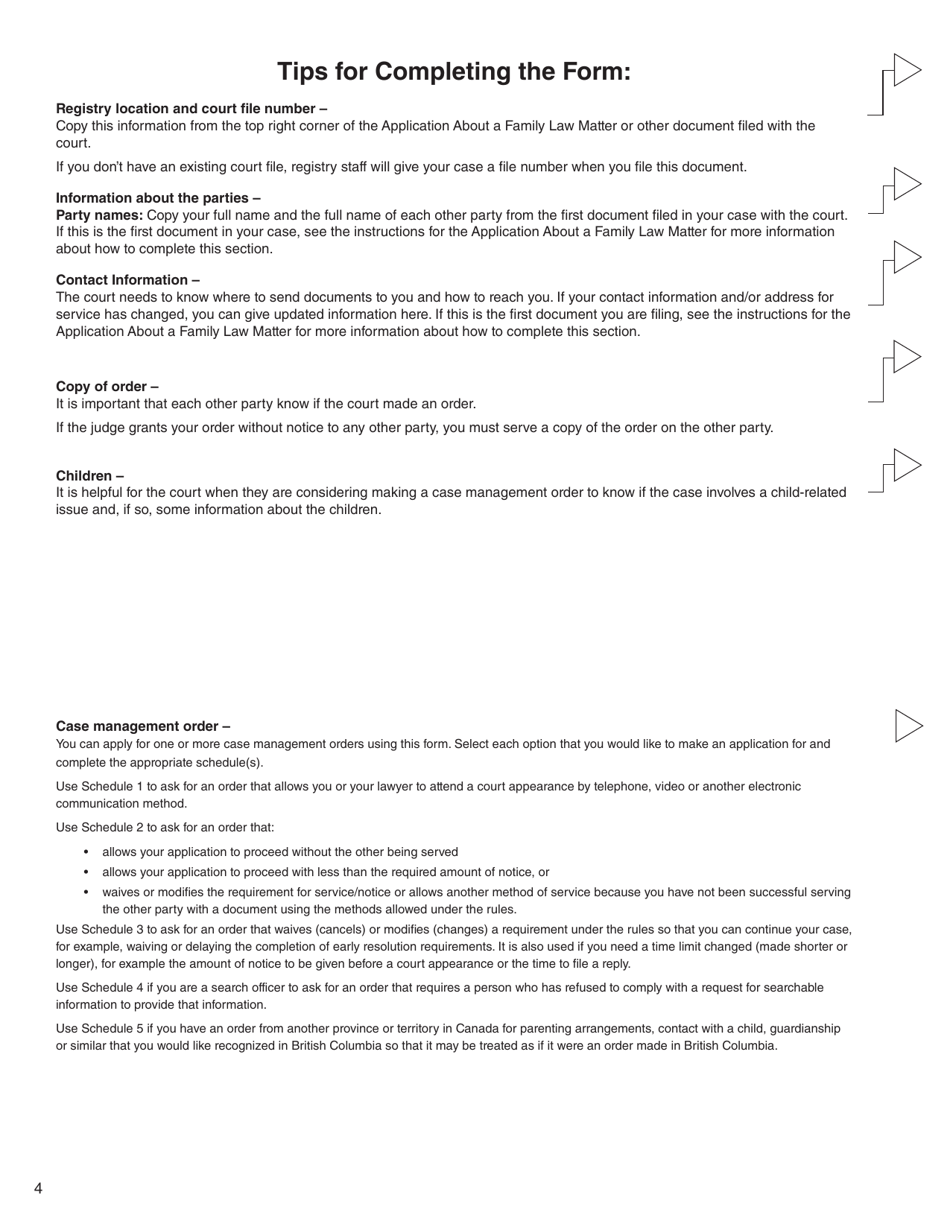 Form 11 (PFA718) Application for Case Management Order Without Notice or Attendance - British Columbia, Canada, Page 4