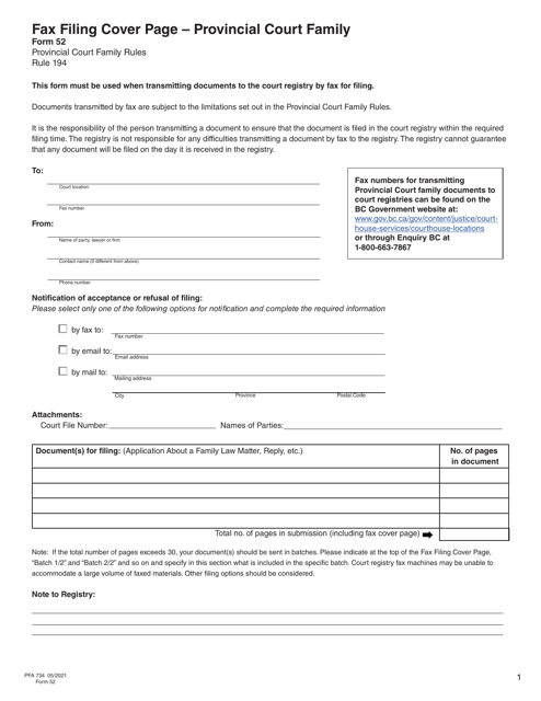 Form 52 (PFA734) Fax Filing Cover Page - Provincial Court Family - British Columbia, Canada