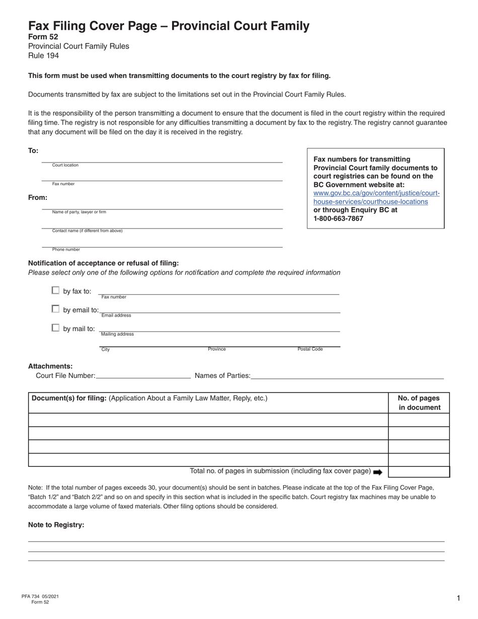 Form 52 (PFA734) Fax Filing Cover Page - Provincial Court Family - British Columbia, Canada, Page 1