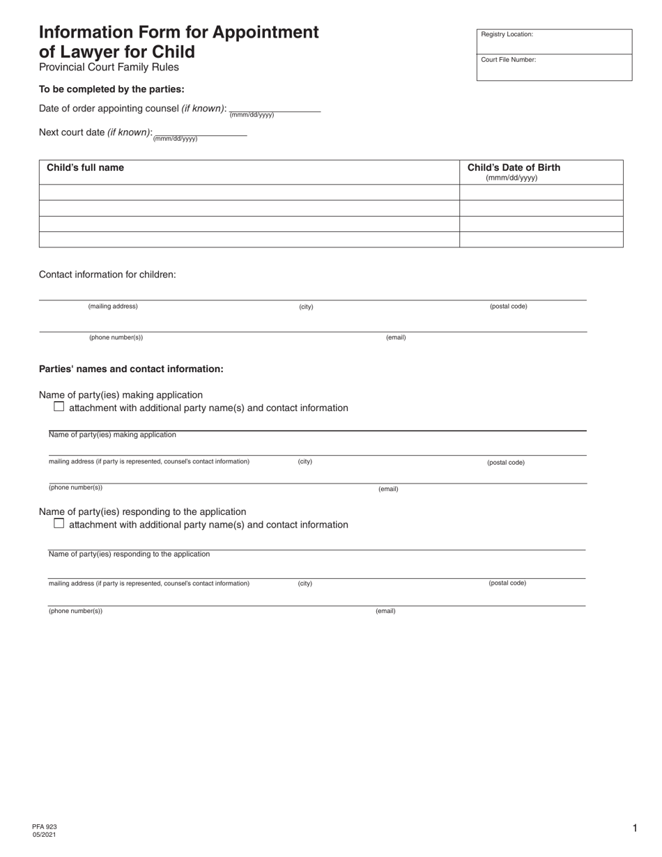 Form PFA923 Information Form for Appointment of Lawyer for Child - British Columbia, Canada, Page 1