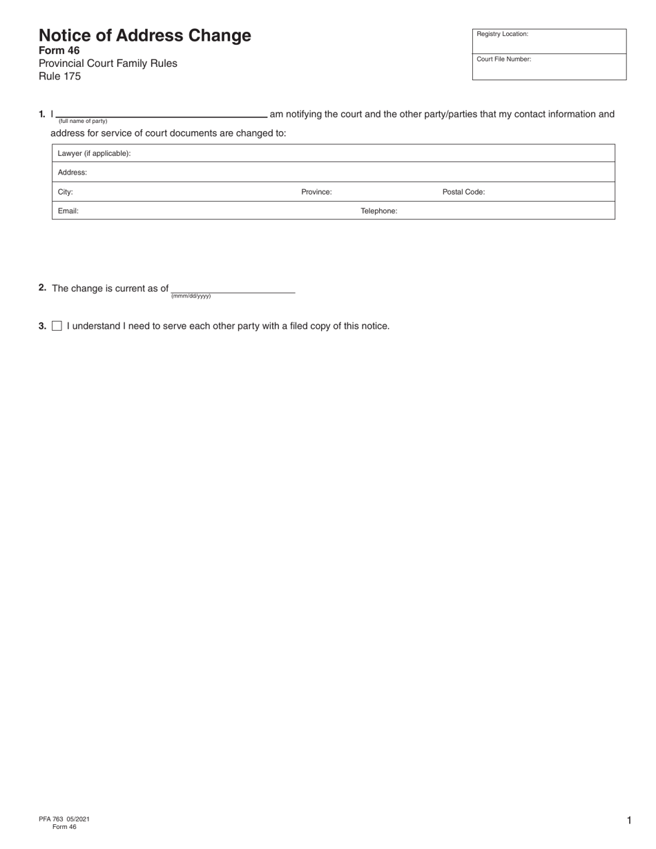 Form 46 (PFA763) Notice of Address Change - British Columbia, Canada, Page 1