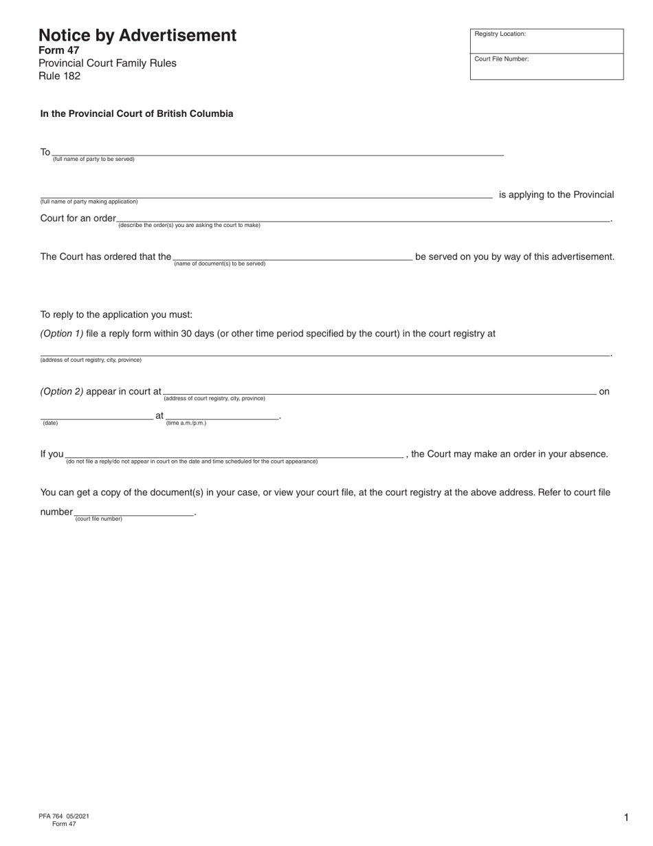 Form 47 (PFA764) Notice by Advertisement - British Columbia, Canada, Page 1