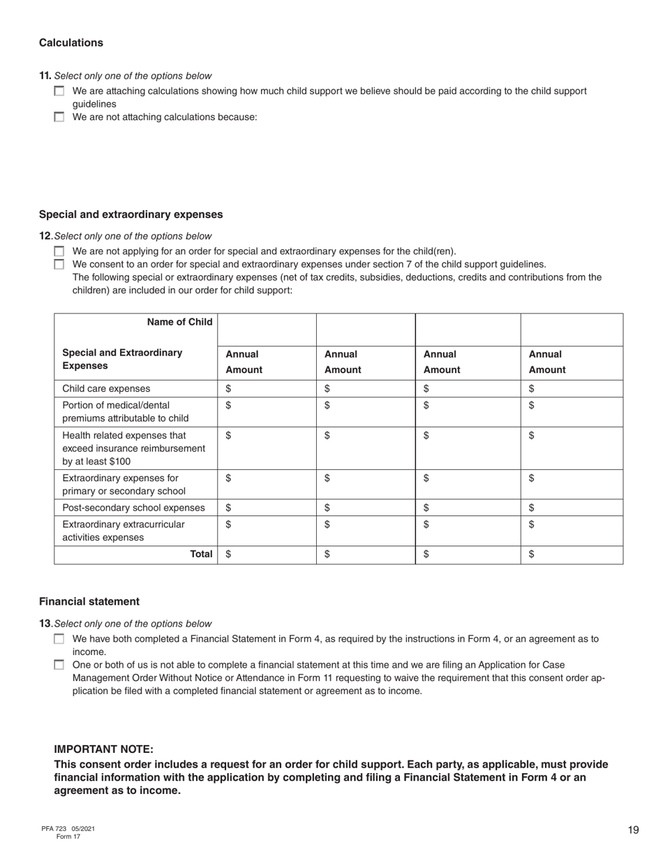 Form 17 (PFA723) Application for a Family Law Matter Consent Order - British Columbia, Canada, Page 19
