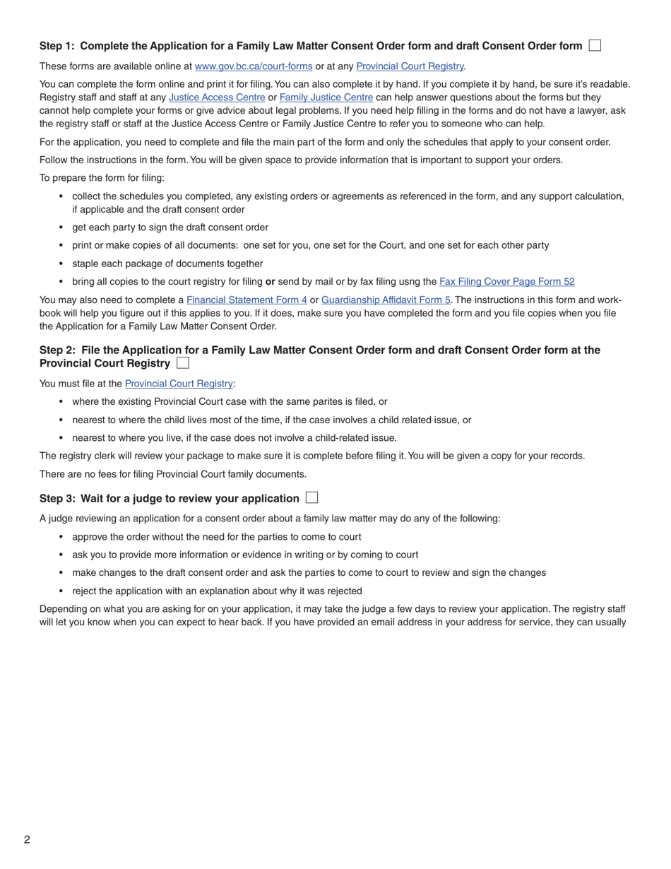 Form 17 (PFA723) Application for a Family Law Matter Consent Order - British Columbia, Canada, Page 2
