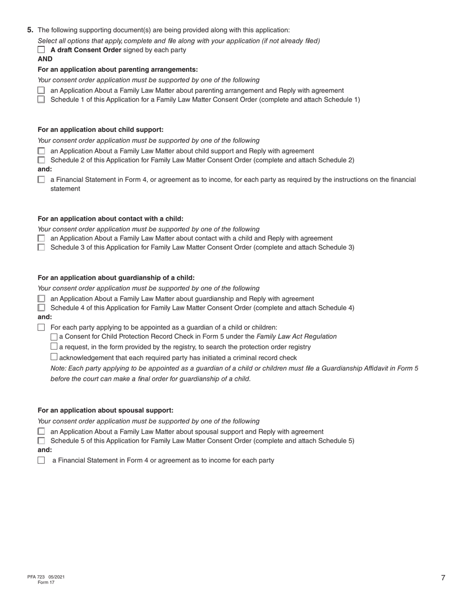 Form 17 (PFA723) Application for a Family Law Matter Consent Order - British Columbia, Canada, Page 7