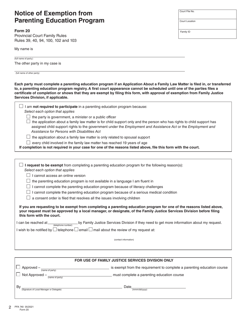 Form 20 Notice of Exemption From Parenting Education Program - British Columbia, Canada, Page 2