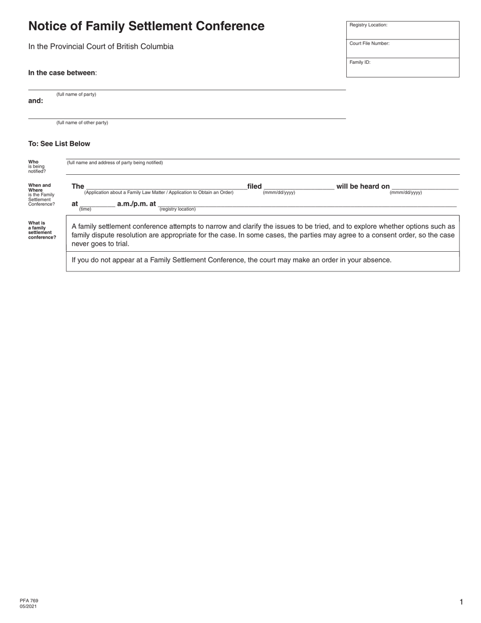 Form PFA769 Notice of Family Settlement Conference - British Columbia, Canada, Page 1