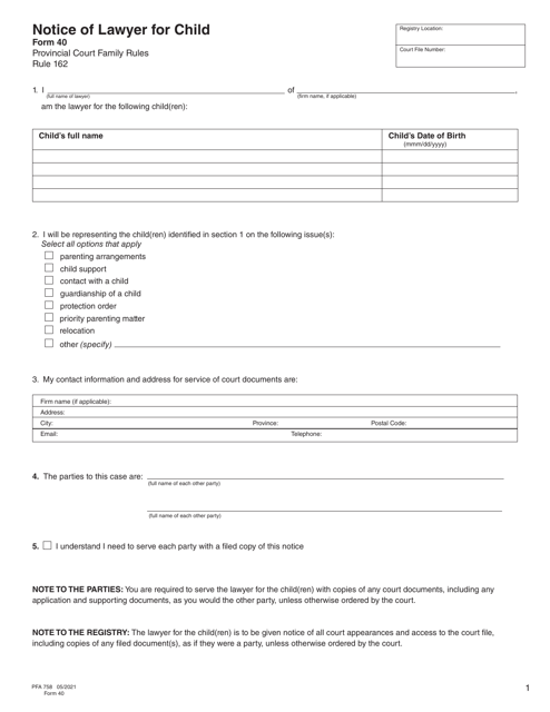Form 40 (PFA758)  Printable Pdf