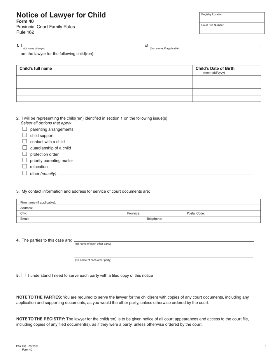 Form 40 (PFA758) Notice of Lawyer for Child - British Columbia, Canada, Page 1
