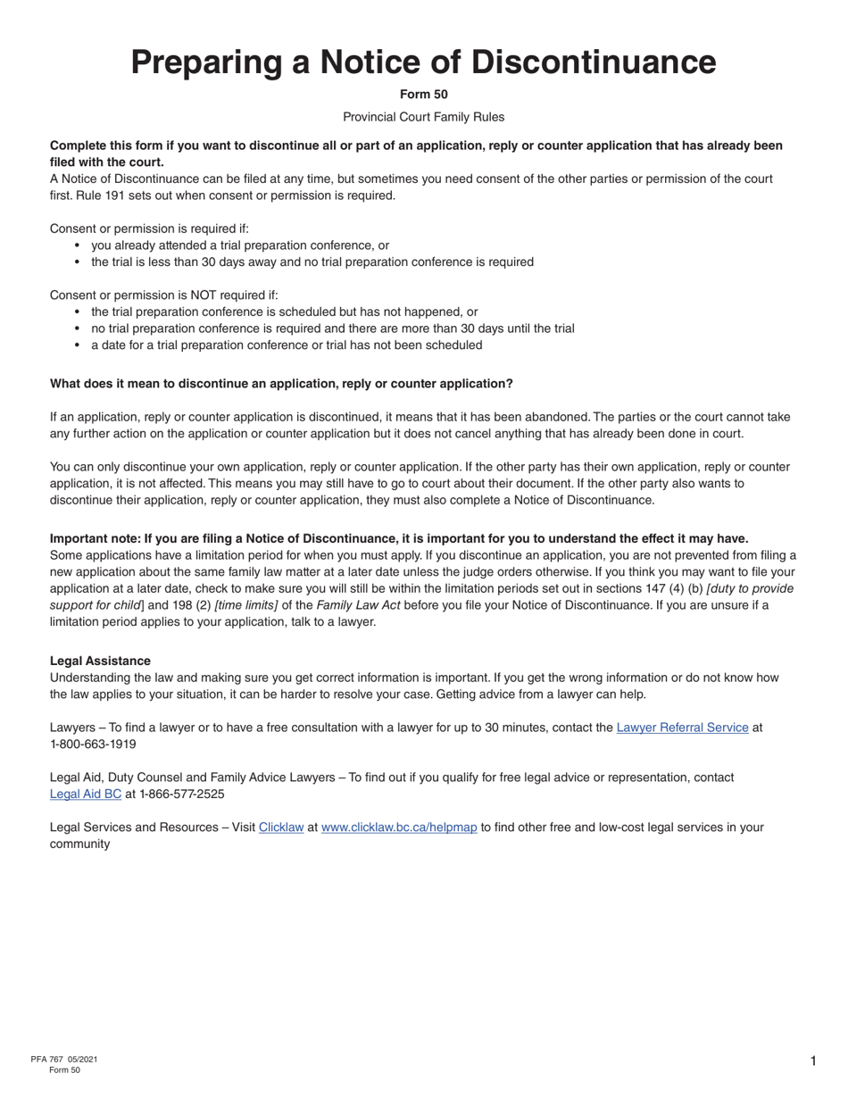 Form 50 (PFA767) Notice of Discontinuance - British Columbia, Canada, Page 1