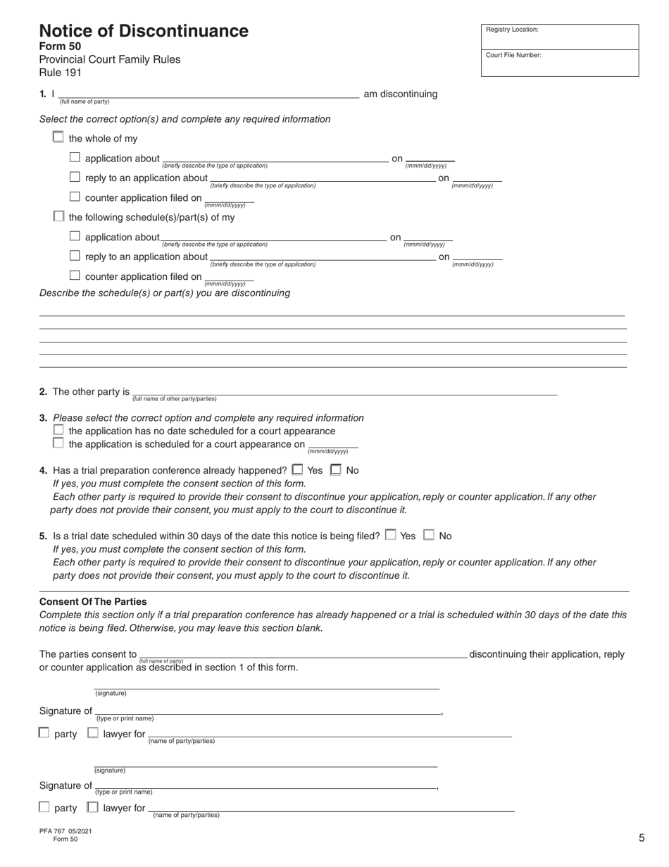 Form 50 (PFA767) - Fill Out, Sign Online and Download Fillable PDF ...