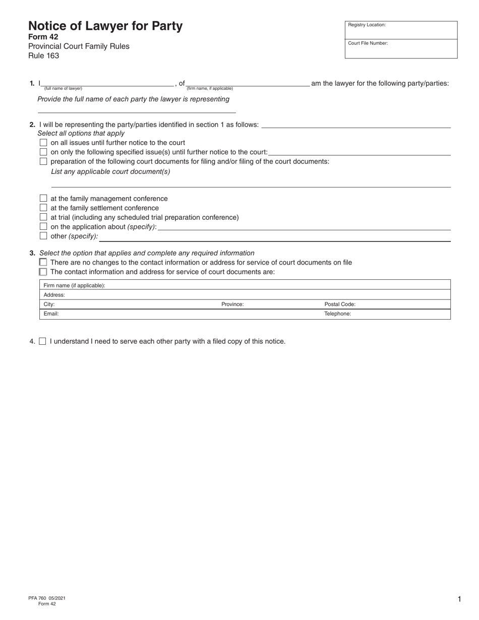 Form 42 (PFA760) Notice of Lawyer for Party - British Columbia, Canada, Page 1