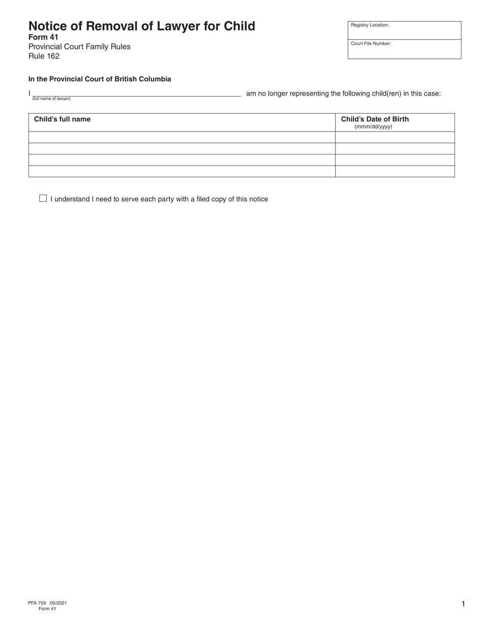 Form 41 (PFA759) Notice of Removal of Lawyer for Child - British Columbia, Canada, Page 1
