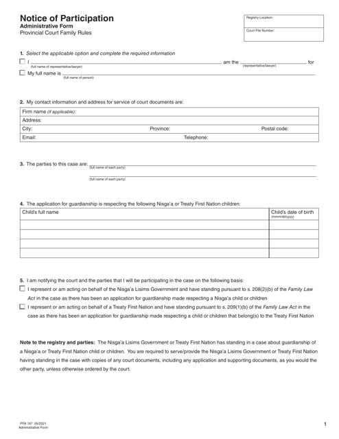 Form PFA747 Notice of Participation - British Columbia, Canada