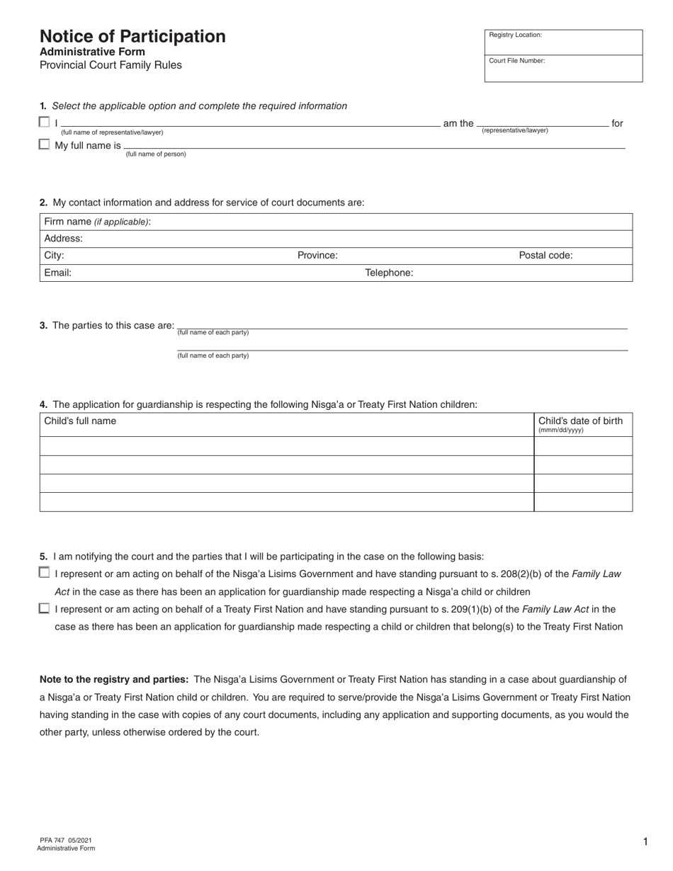 Form PFA747 Notice of Participation - British Columbia, Canada, Page 1