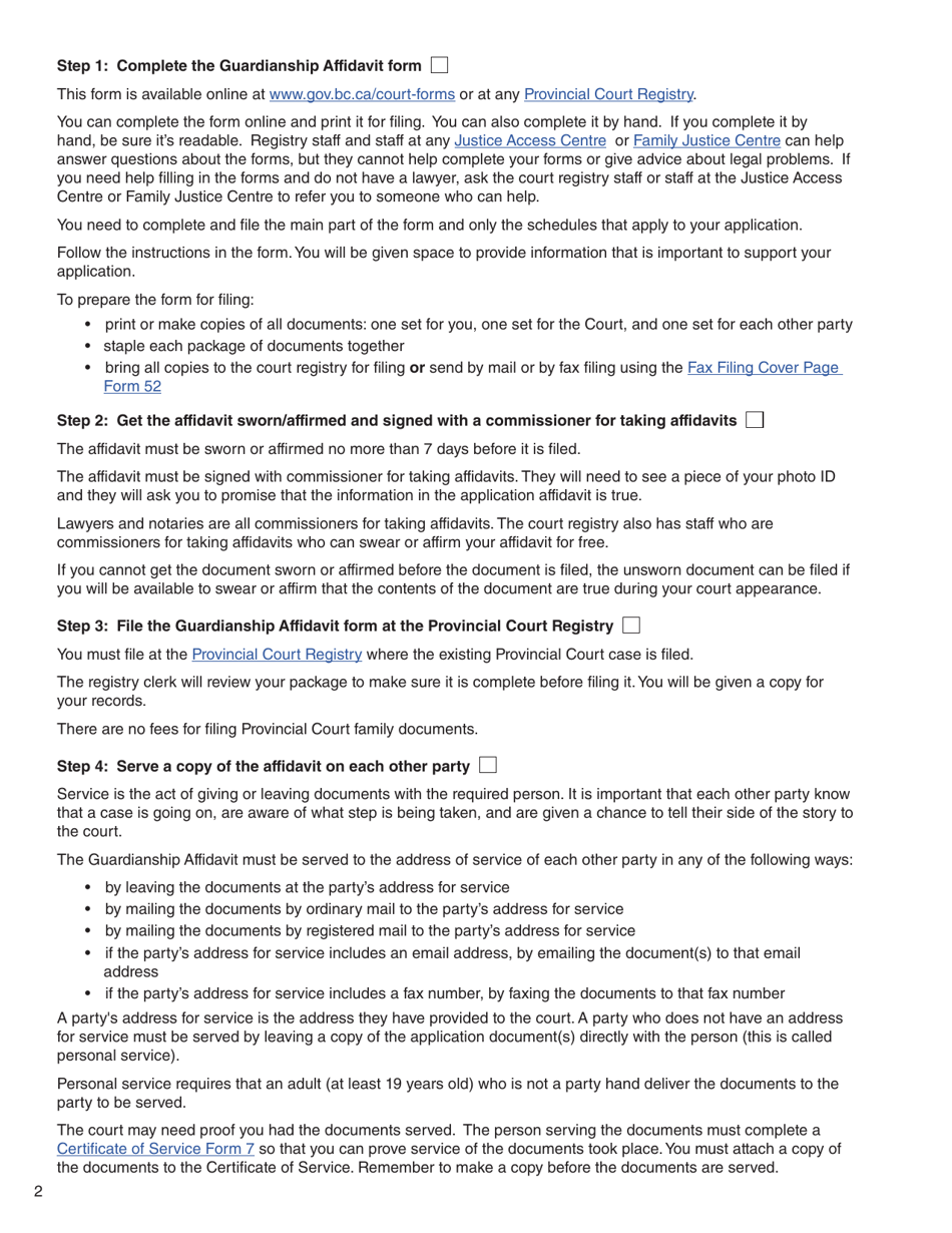 Form 5 (PFA733) Guardianship Affidavit - British Columbia, Canada, Page 2
