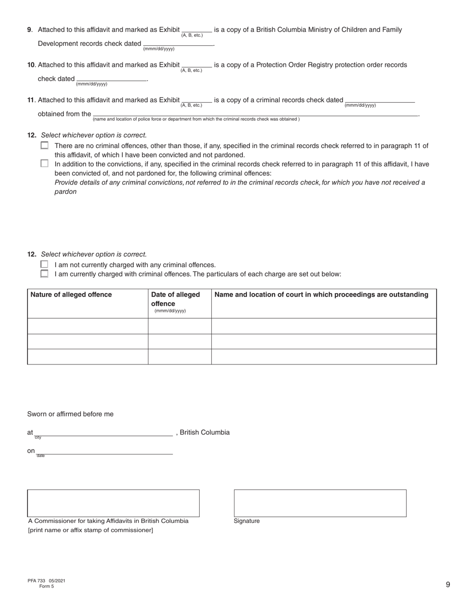 Form 5 (PFA733) Guardianship Affidavit - British Columbia, Canada, Page 9