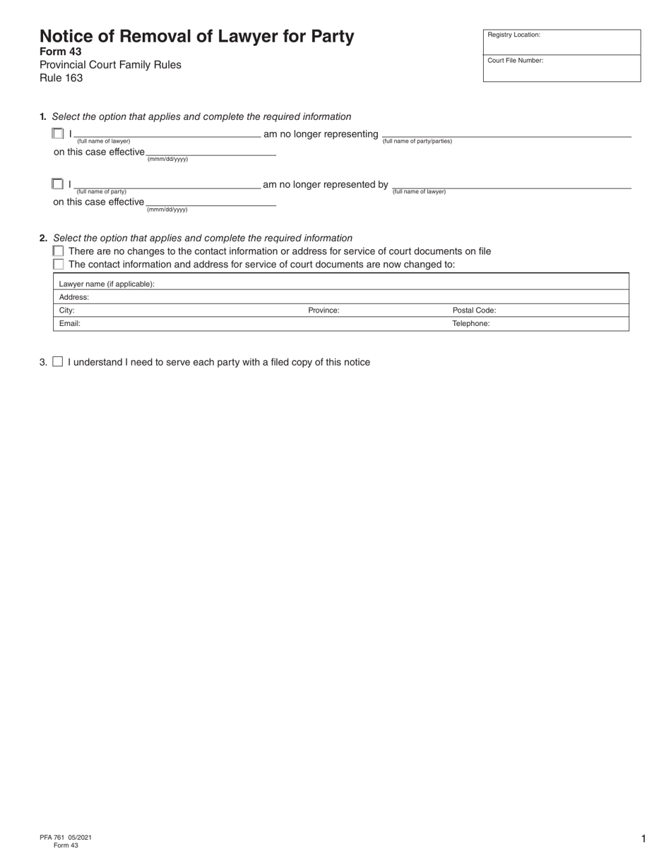 Form 43 (PFA761) Notice of Removal of Lawyer for Party - British Columbia, Canada, Page 1