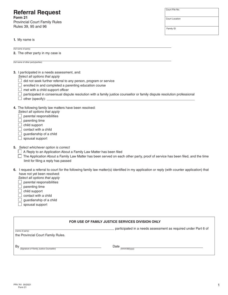 Form 21 (PFA741) Referral Request - British Columbia, Canada, Page 1