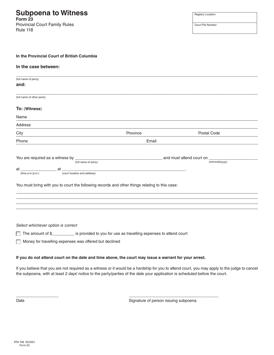 Form 23 (PFA748) Subpoena to Witness - British Columbia, Canada, Page 1