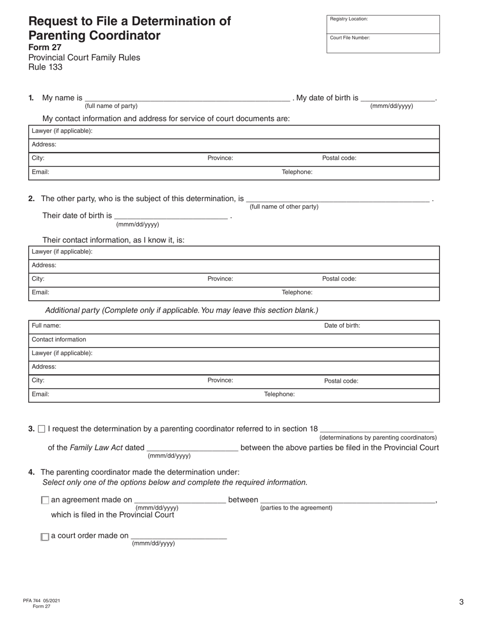 Form 27 (PFA744) Request to File a Determination of Parenting Coordinator - British Columbia, Canada, Page 4
