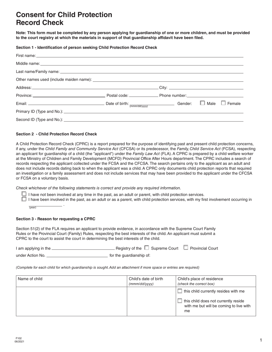 Form F102 Consent for Child Protection Record Check - British Columbia, Canada, Page 1