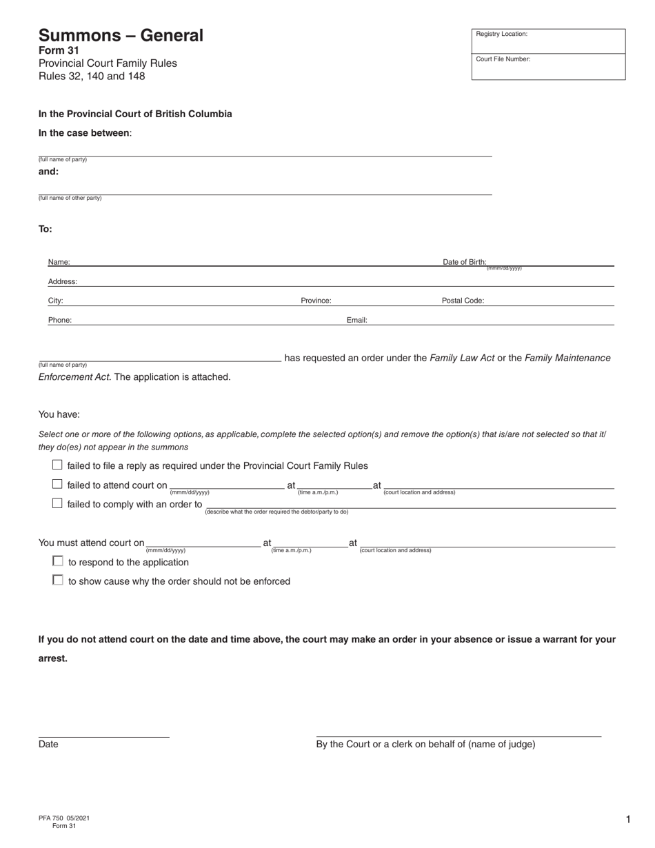 Form 31 (PFA750) Summons - General - British Columbia, Canada, Page 1