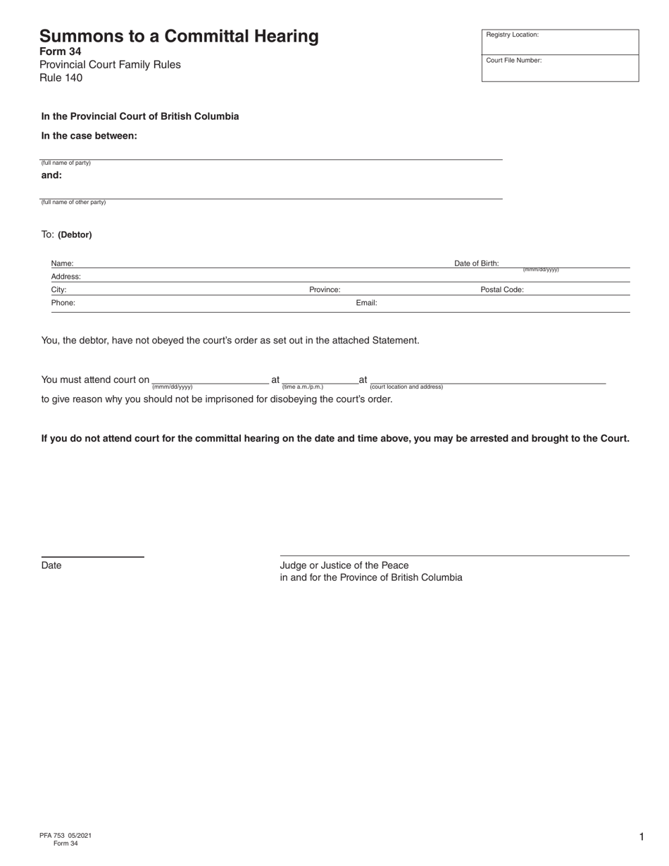 Form 34 (PFA753) Summons to a Committal Hearing - British Columbia, Canada, Page 1