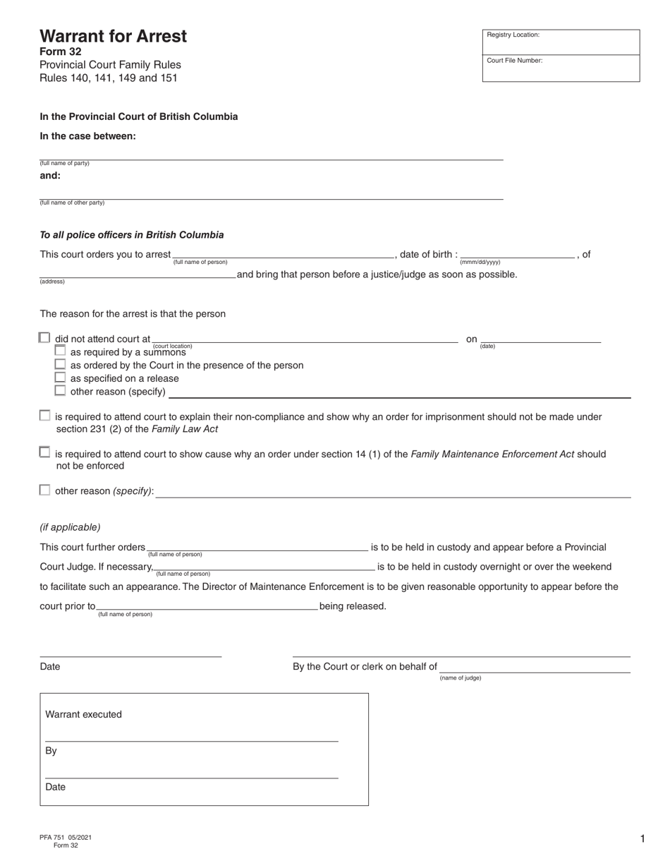 Form 32 (PFA751) Warrant for Arrest - British Columbia, Canada, Page 1