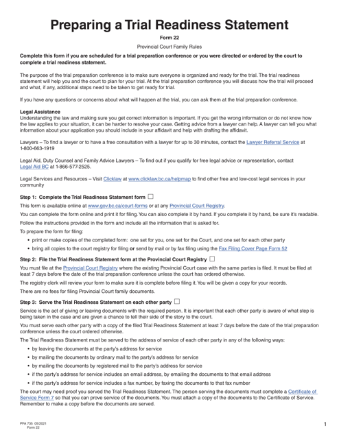 Form 22 (PFA735) Trial Readiness Statement - British Columbia, Canada