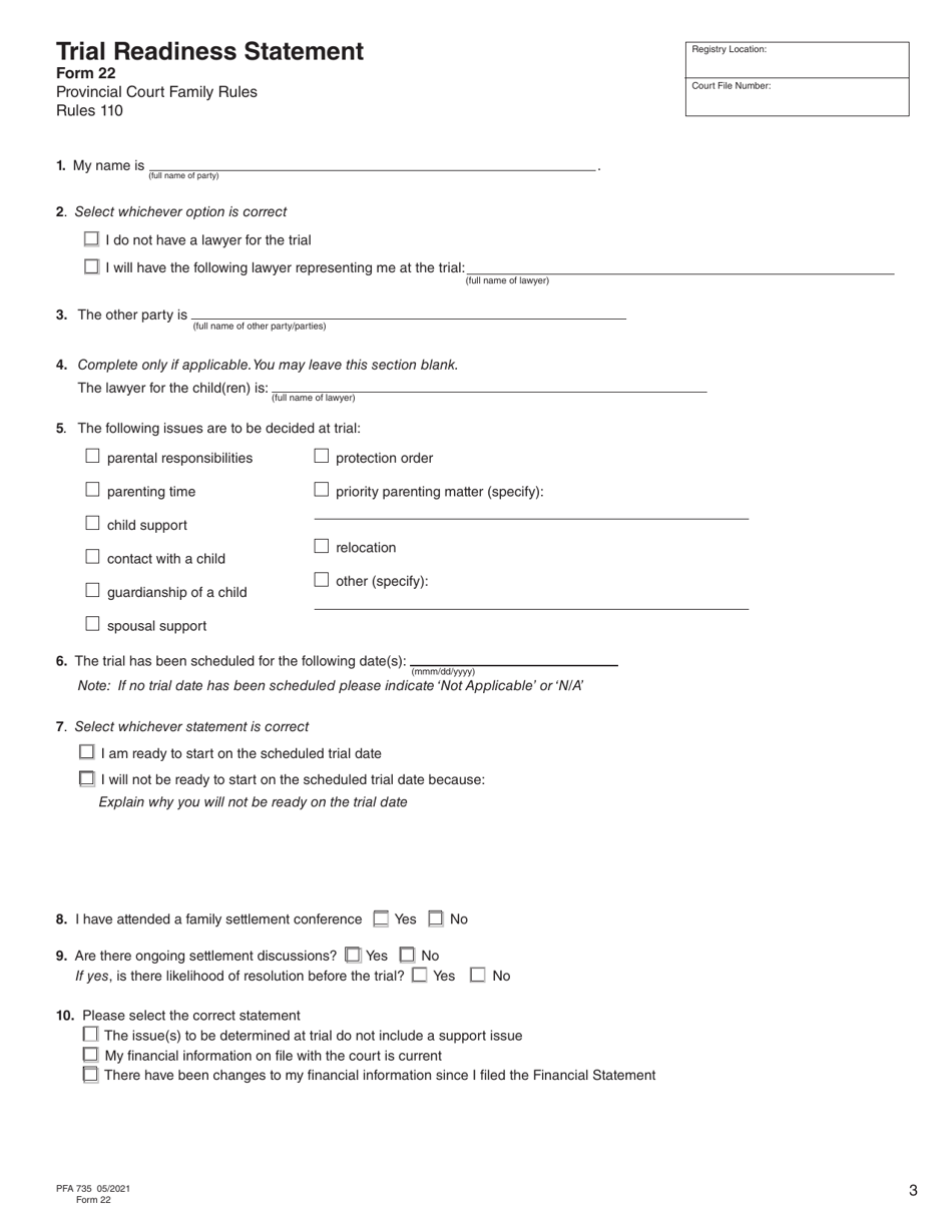 Form 22 (PFA735) Trial Readiness Statement - British Columbia, Canada, Page 4