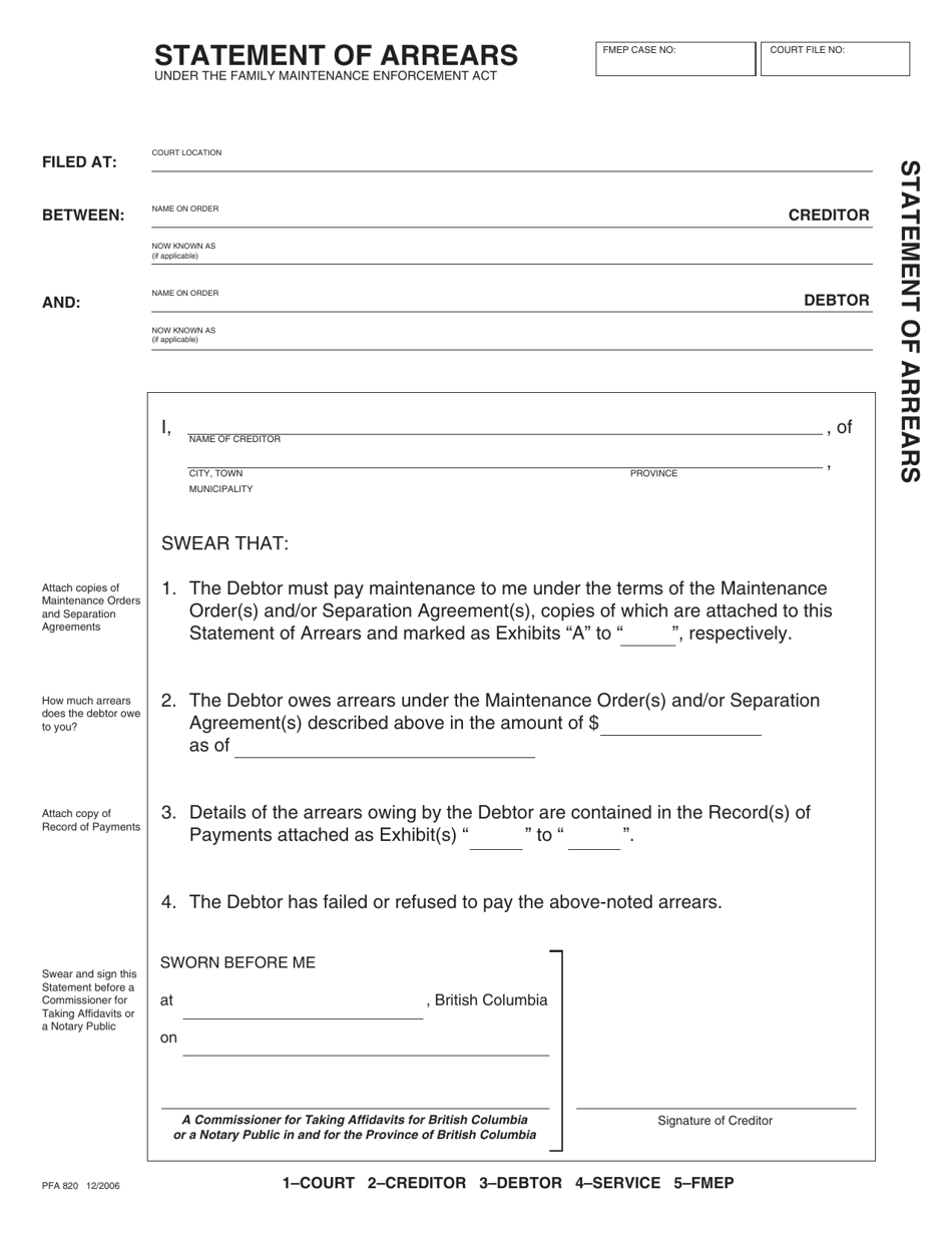 Form PFA820 Statement of Arrears - British Columbia, Canada, Page 1