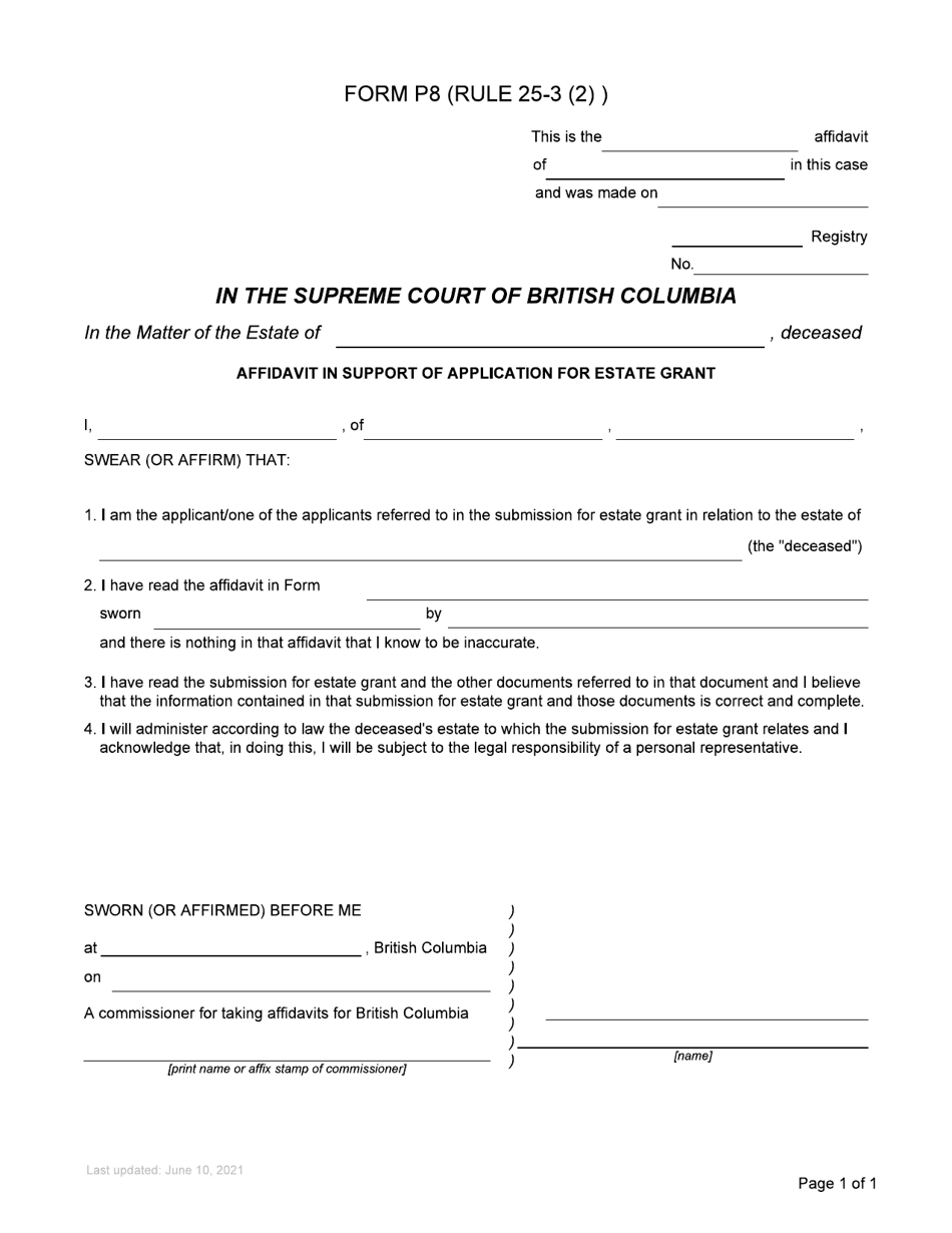 Form P8 Affidavit in Support of Application for Estate Grant - British Columbia, Canada, Page 1