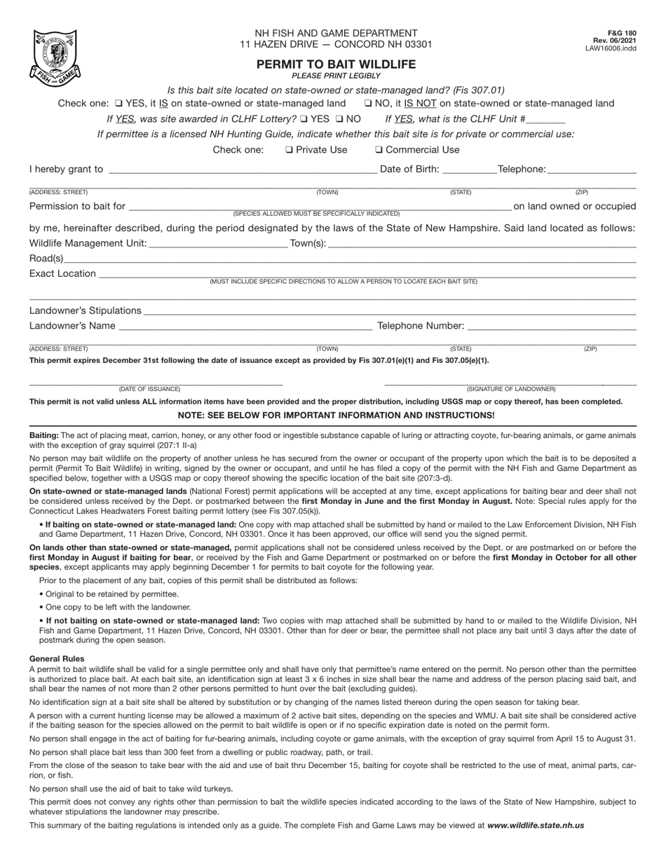 Form LAW16006 Permit to Bait Wildlife - New Hampshire, Page 1