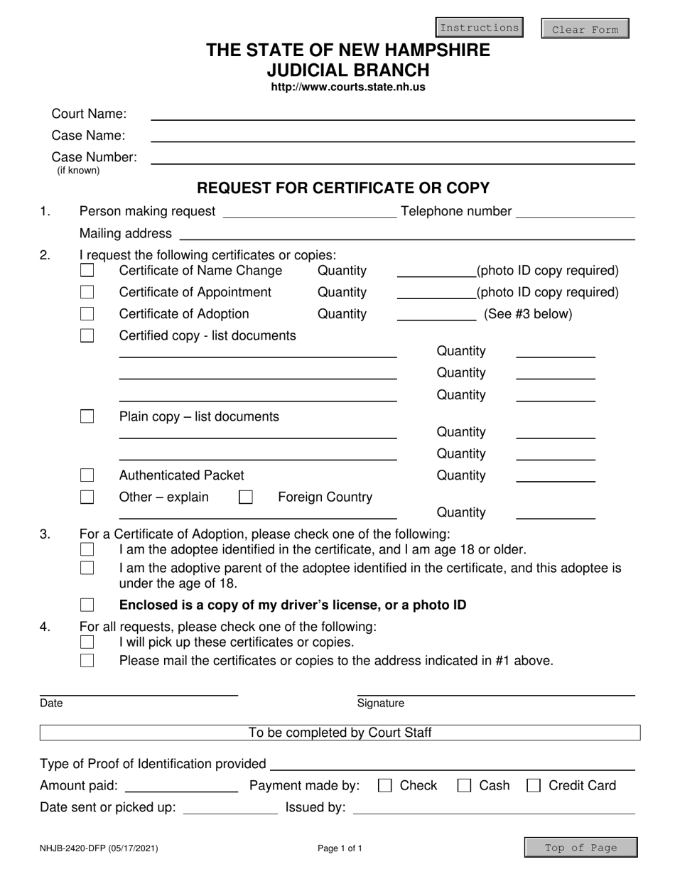 Form NHJB-2420-DFP Request for Certificate or Copy - New Hampshire, Page 1