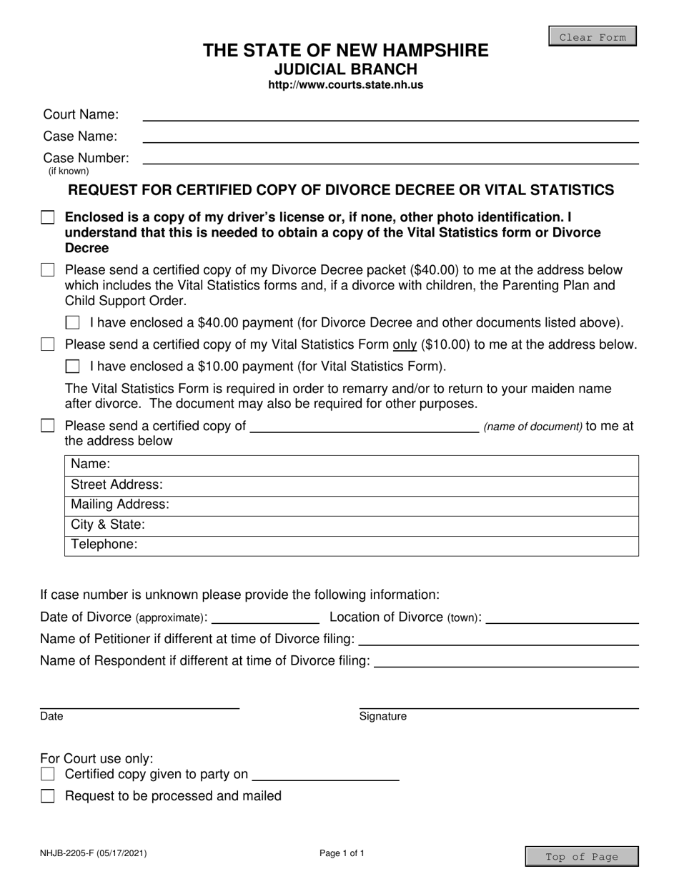 Form NHJB-2205-F Request for Certified Copy of Divorce Decree or Vital Statistics - New Hampshire, Page 1