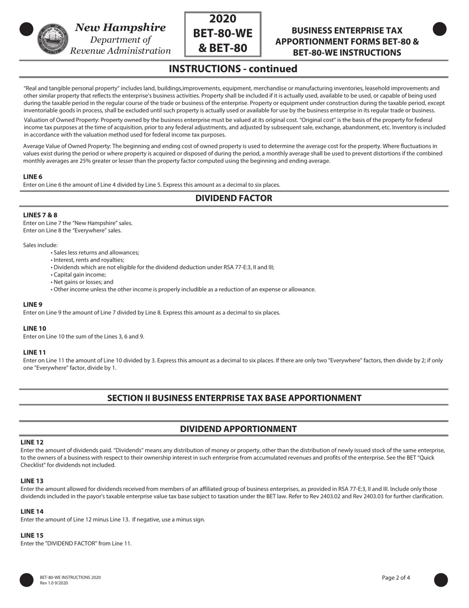 Instructions for Form BET-80-WE, BET-80 - New Hampshire, Page 2