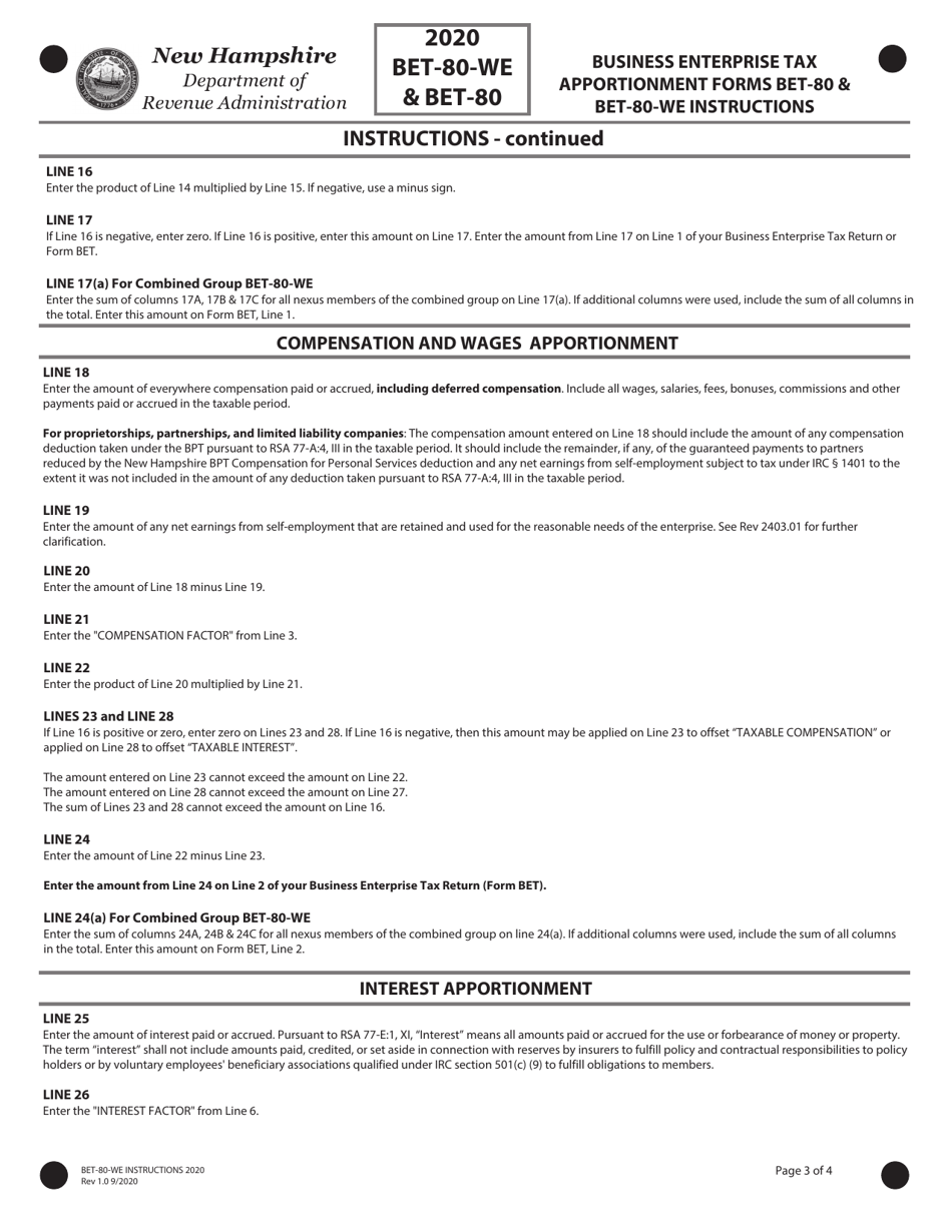 Instructions for Form BET-80-WE, BET-80 - New Hampshire, Page 3