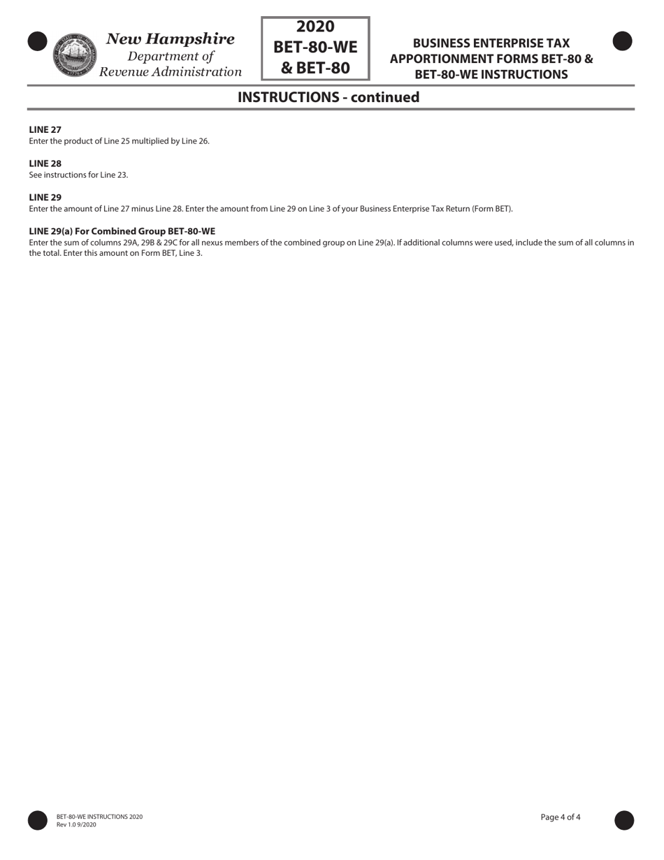 Instructions for Form BET-80-WE, BET-80 - New Hampshire, Page 4