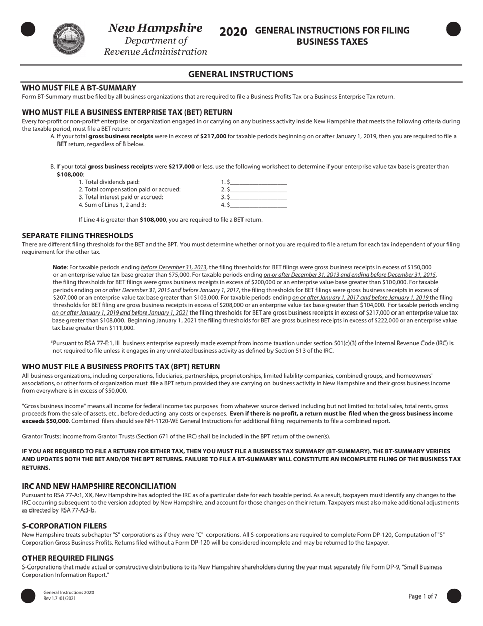Instructions for Form BET Business Enterprise Tax Return - New Hampshire, Page 1