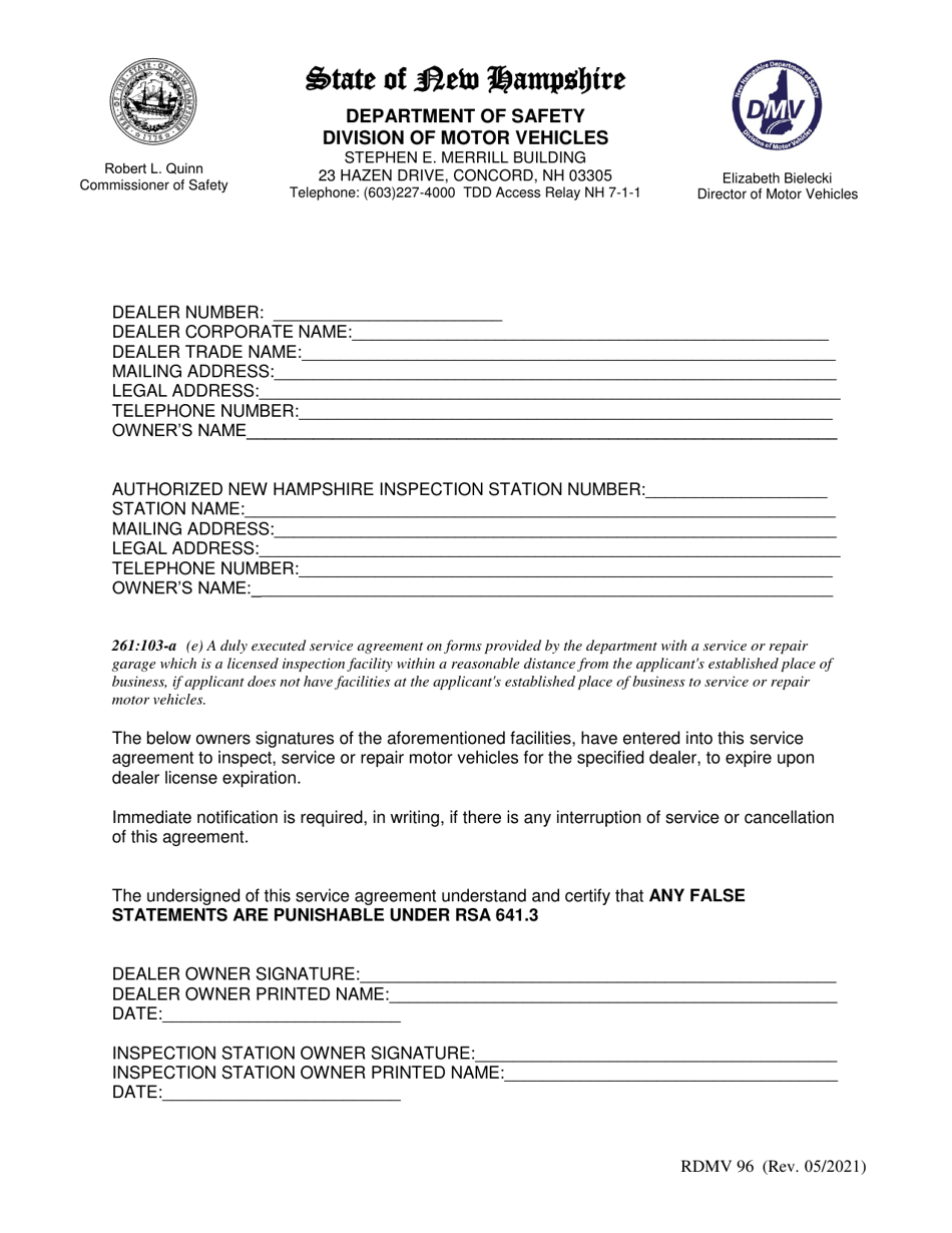 Form RDMV96 Service Agreement - New Hampshire, Page 1