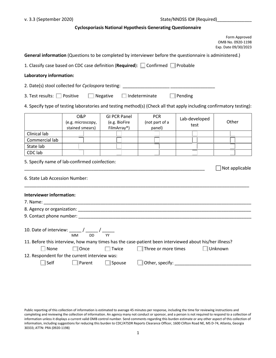Cyclosporiasis National Hypothesis Generating Questionnaire, Page 1