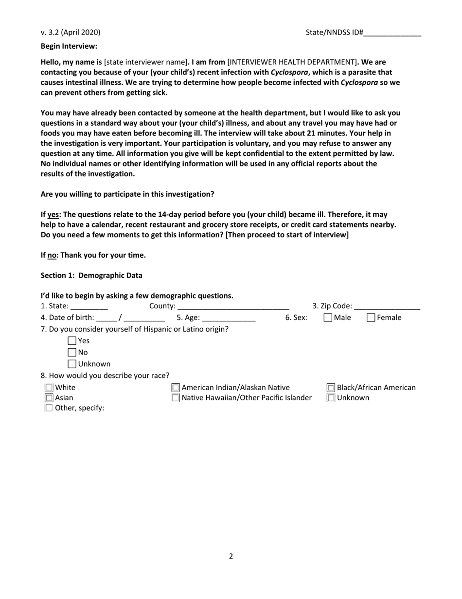 cyclosporiasis national hypothesis generating questionnaire