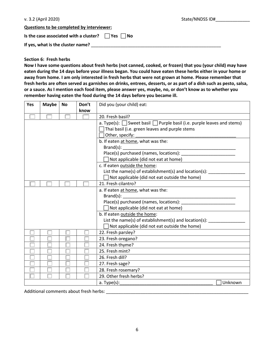 Cyclosporiasis National Hypothesis Generating Questionnaire, Page 6