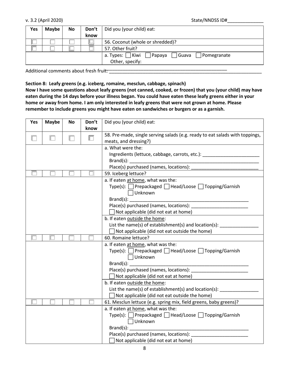 Cyclosporiasis National Hypothesis Generating Questionnaire, Page 8