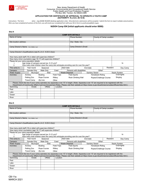 Form CB-11A Application for Certificate of Approval to Operate a Youth Camp - New Jersey