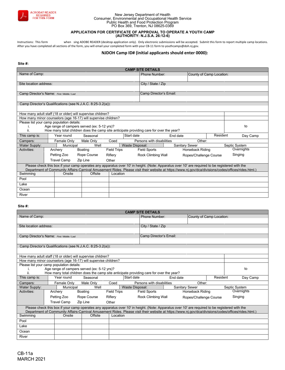 Form CB-11A Application for Certificate of Approval to Operate a Youth Camp - New Jersey, Page 1